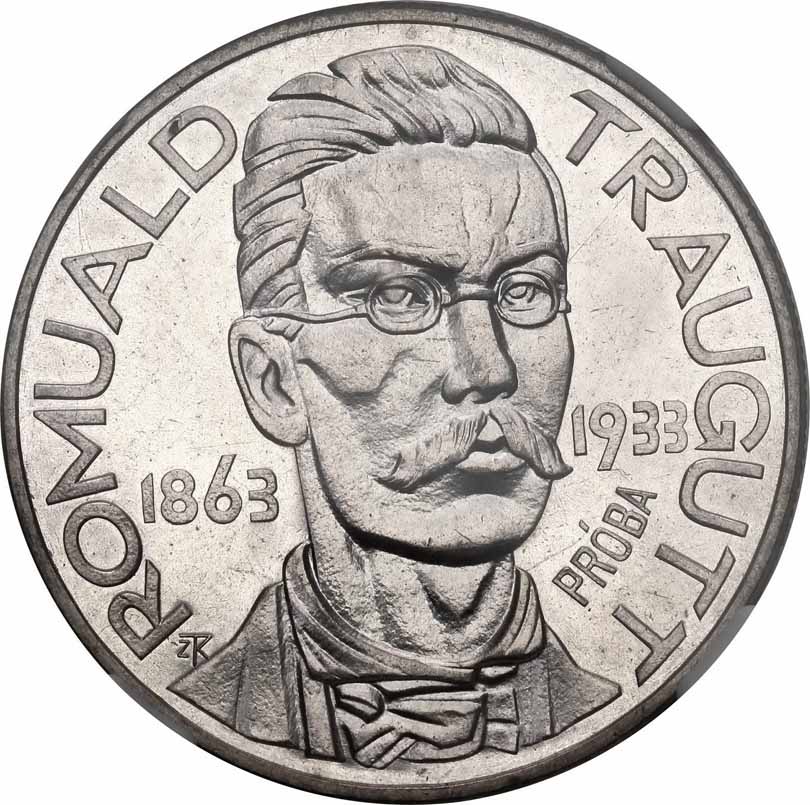 ll RP. 10 złotych 1933, Romuald Traugutt, PRÓBA, NGC PF62, z kolekcji Pittmana